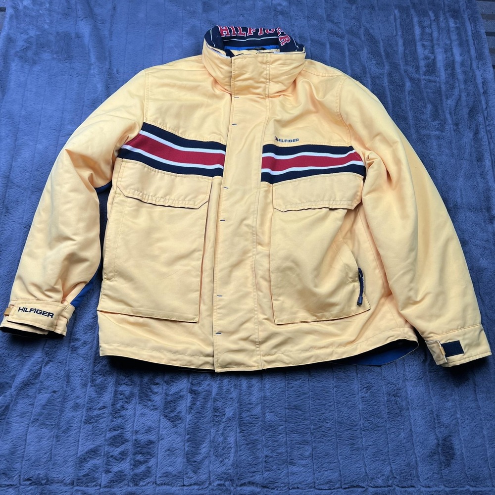 Tommy Hilfiger Jacket Mens XL Yellow Puffer Hooded Striped Logo Quilted